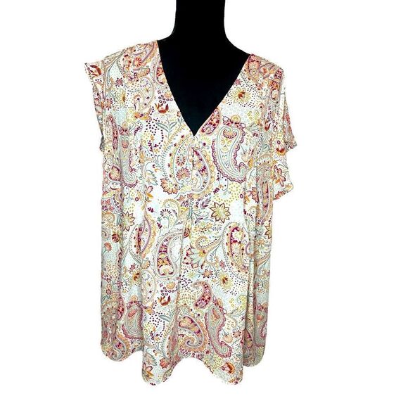 NWT CYNTHIA ROWLEY WOMENS PAISLEY V-NECK SHORT SLEEVE SUMMER BLOUSE SIZE 3XL - Picture 1 of 10